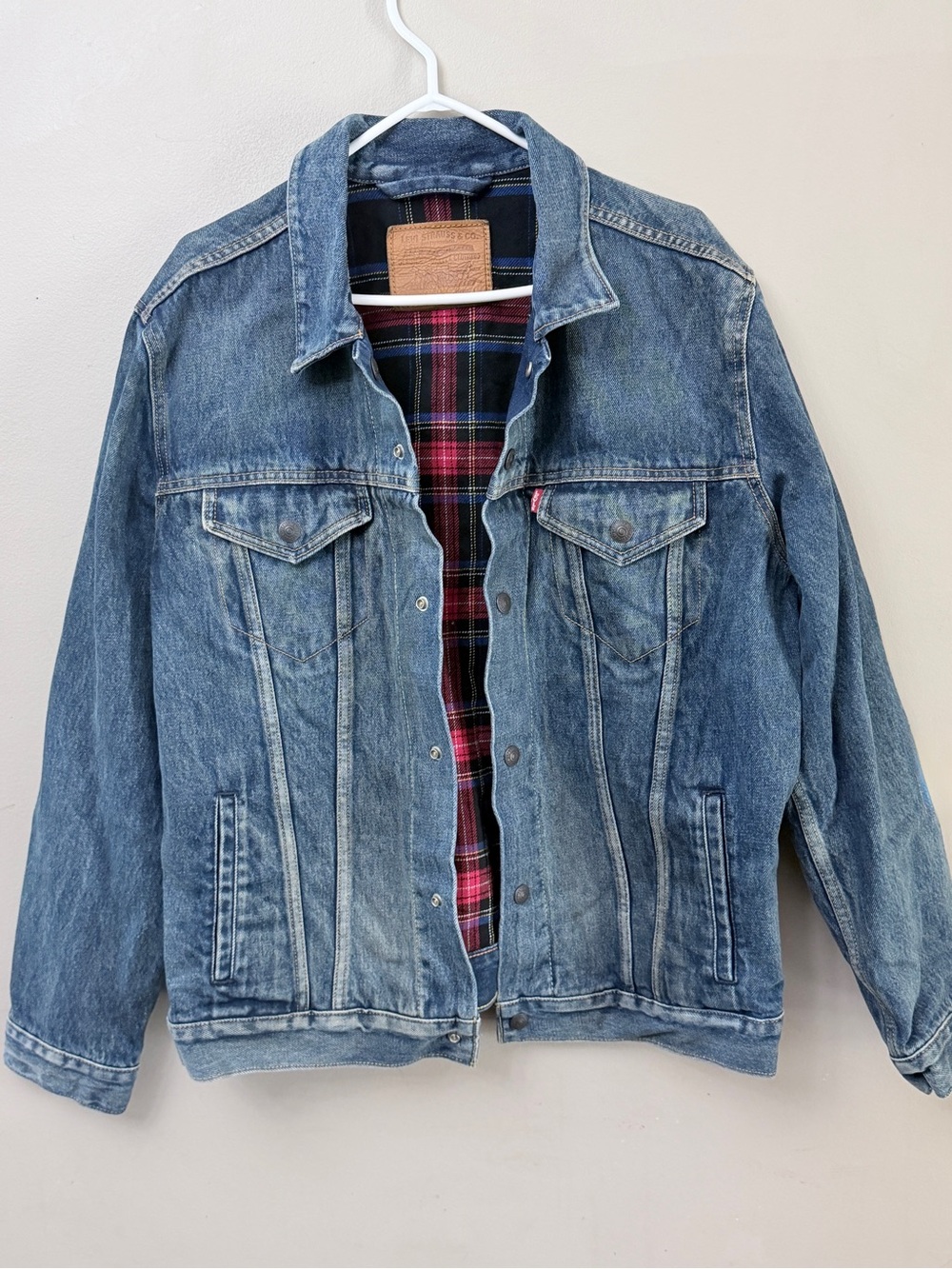 Levi’s Premium Denim Trucker Plaid Jacket Medium Wash Large